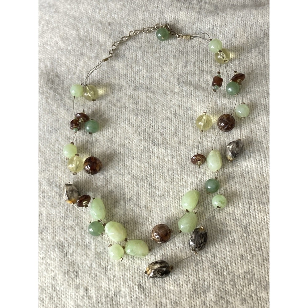 Earthy Green & Brown Beaded Illusion Necklace Multi Strand Wire Statement Artsy